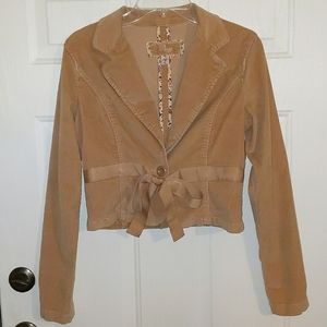 Juniors Plugg Tan Corduroy Cropped L/S Jacket w/front button & ribbon be…